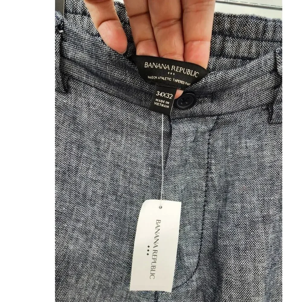 New NWT Banana Republic Linen Blend Mason Athletic Tapered Fit Pants Blue 34x32